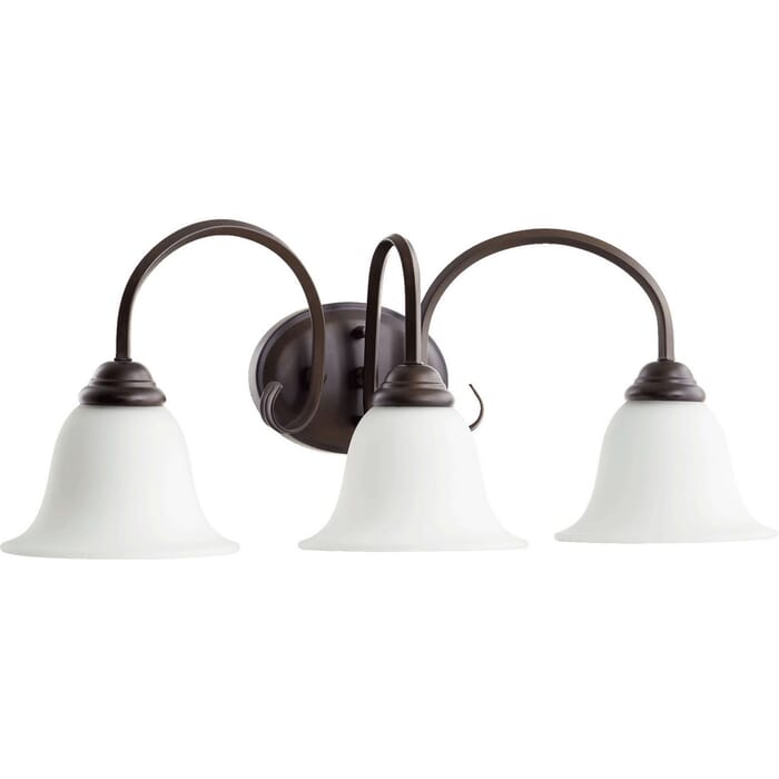 Quorum Spencer 3-Light 10" Bathroom Vanity Light in Oiled Bronze with Satin Opal Quorum Spencer 3-Light 10" Bathroom Vanity Light in Oiled Bronze with Satin Opal
