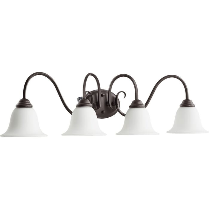 Quorum Spencer 4-Light 10" Bathroom Vanity Light in Oiled Bronze with Satin Opal Quorum Spencer 4-Light 10" Bathroom Vanity Light in Oiled Bronze with Satin Opal