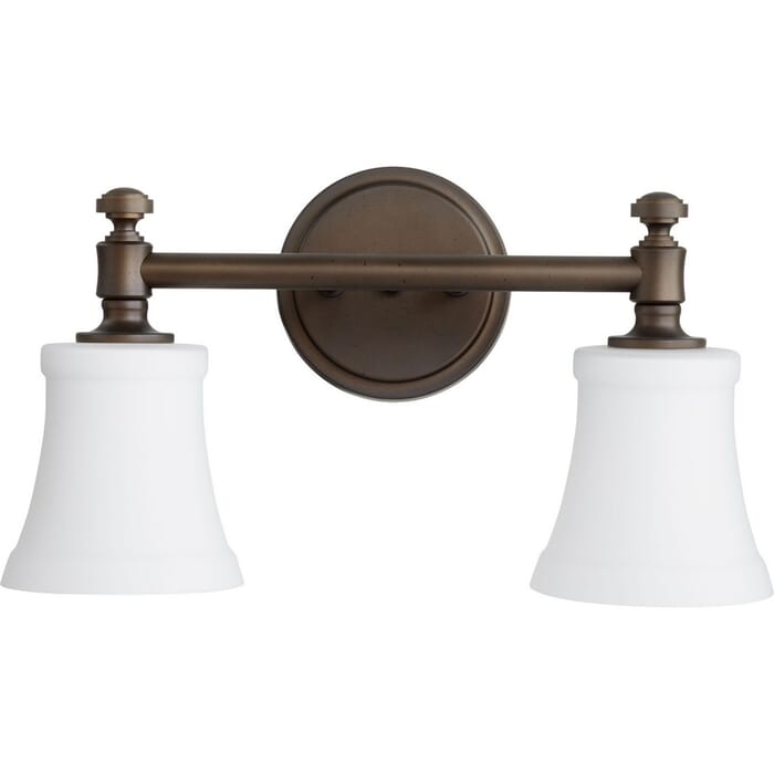 Quorum Rossington 2-Light 9" Bathroom Vanity Light in Oiled Bronze with Satin Opal Quorum Rossington 2-Light 9" Bathroom Vanity Light in Oiled Bronze with Satin Opal