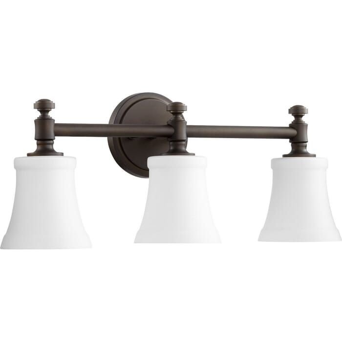 Quorum Rossington 3-Light 9" Bathroom Vanity Light in Oiled Bronze with Satin Opal Quorum Rossington 3-Light 9" Bathroom Vanity Light in Oiled Bronze with Satin Opal
