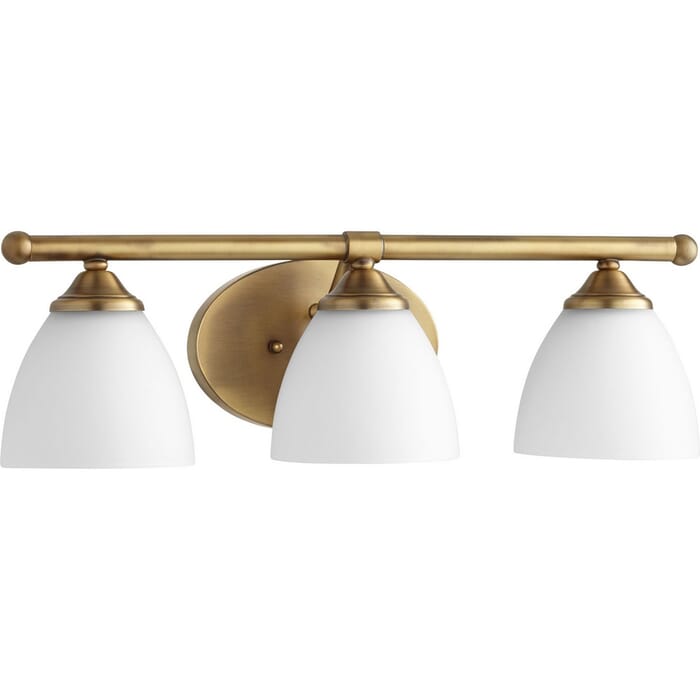 Quorum Brooks 3-Light 7" Bathroom Vanity Light in Aged Brass with Satin Opal Quorum Brooks 3-Light 7" Bathroom Vanity Light in Aged Brass with Satin Opal