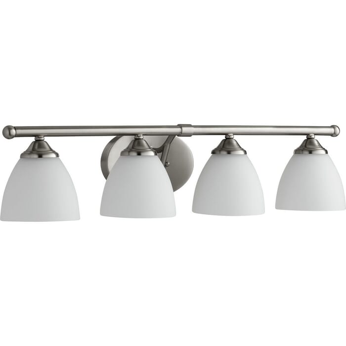 Quorum Brooks 4-Light 7" Bathroom Vanity Light in Satin Nickel with Satin Opal Quorum Brooks 4-Light 7" Bathroom Vanity Light in Satin Nickel with Satin Opal