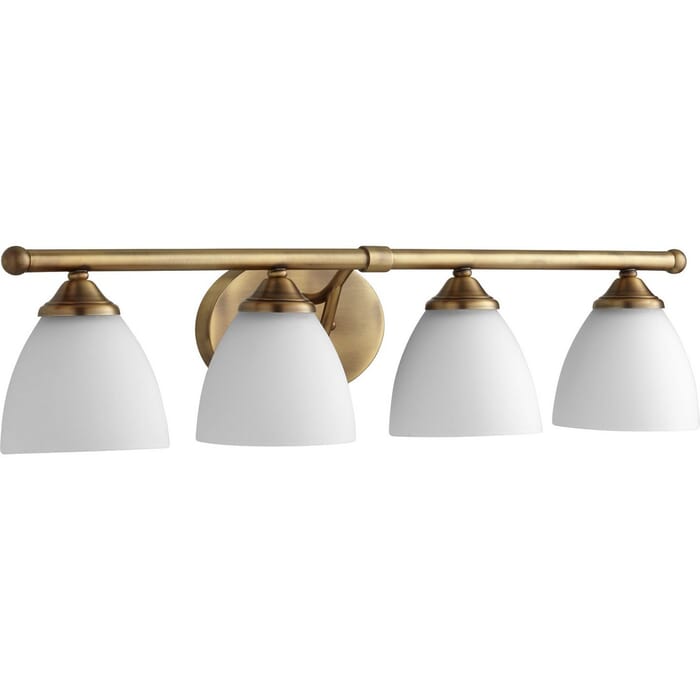Quorum Brooks 4-Light 7" Bathroom Vanity Light in Aged Brass with Satin Opal Quorum Brooks 4-Light 7" Bathroom Vanity Light in Aged Brass with Satin Opal