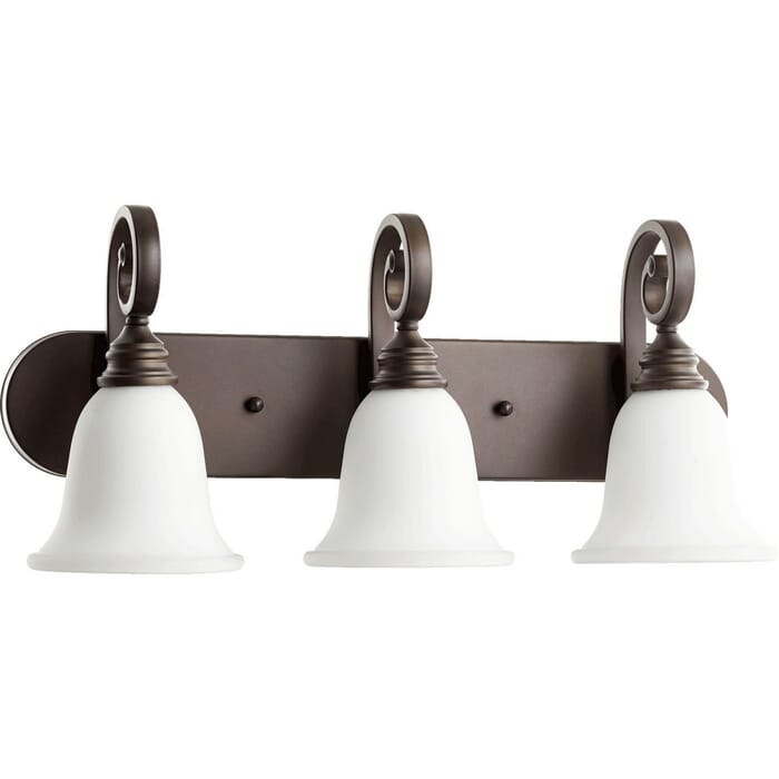 Quorum Bryant 3-Light 11" Bathroom Vanity Light in Oiled Bronze with Satin Opal Quorum Bryant 3-Light 11" Bathroom Vanity Light in Oiled Bronze with Satin Opal