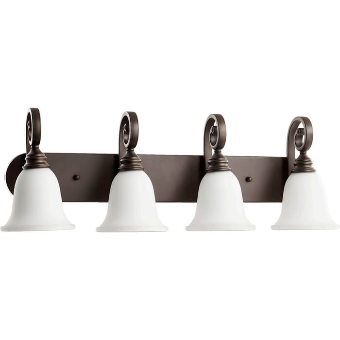 Quorum Bryant 4-Light 11" Bathroom Vanity Light in Oiled Bronze with Satin Opal Quorum Bryant 4-Light 11" Bathroom Vanity Light in Oiled Bronze with Satin Opal
