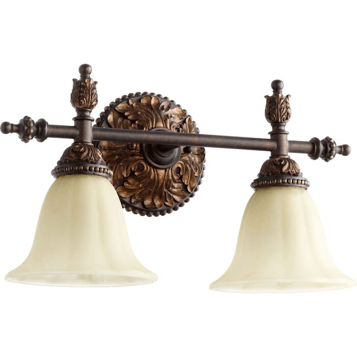 Quorum Rio Salado 2-Light 10" Bathroom Vanity Light in Toasted Sienna With Mystic Silver Quorum Rio Salado 2-Light 10" Bathroom Vanity Light in Toasted Sienna With Mystic Silver