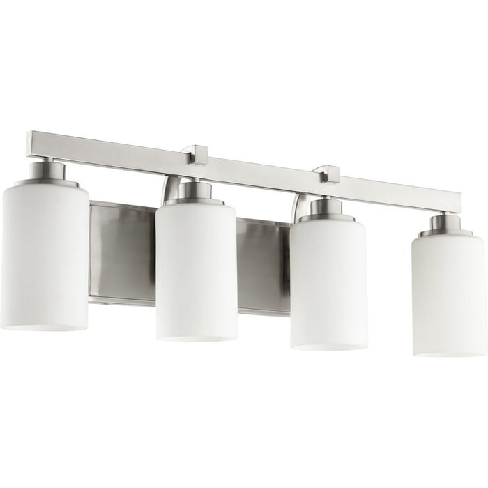 Quorum Lancaster 4-Light 10" Bathroom Vanity Light in Satin Nickel Quorum Lancaster 4-Light 10" Bathroom Vanity Light in Satin Nickel