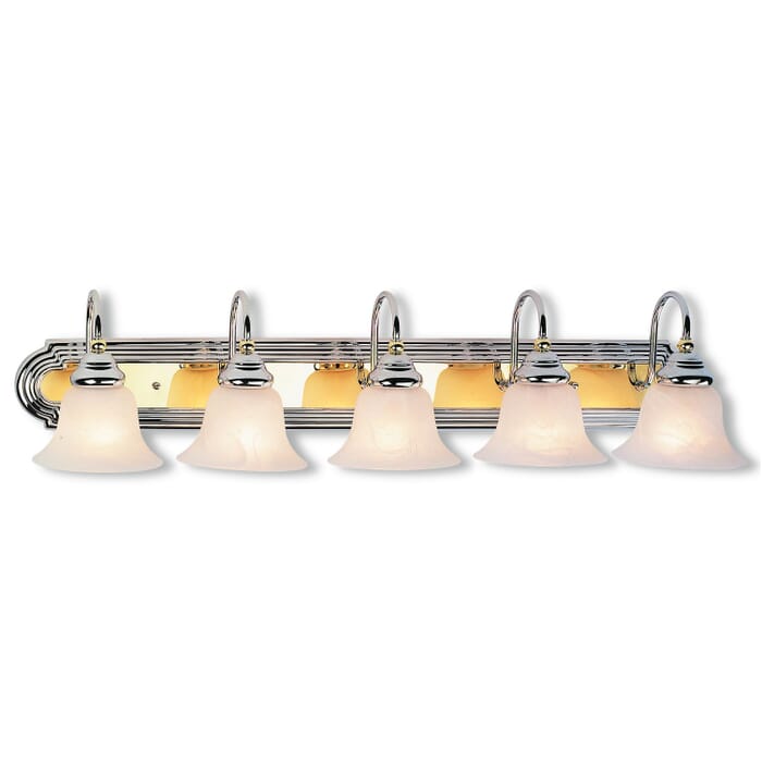 Belmont 5-Light Bathroom Vanity Light in Polished Chrome & Polished Brass Belmont 5-Light Bathroom Vanity Light in Polished Chrome & Polished Brass