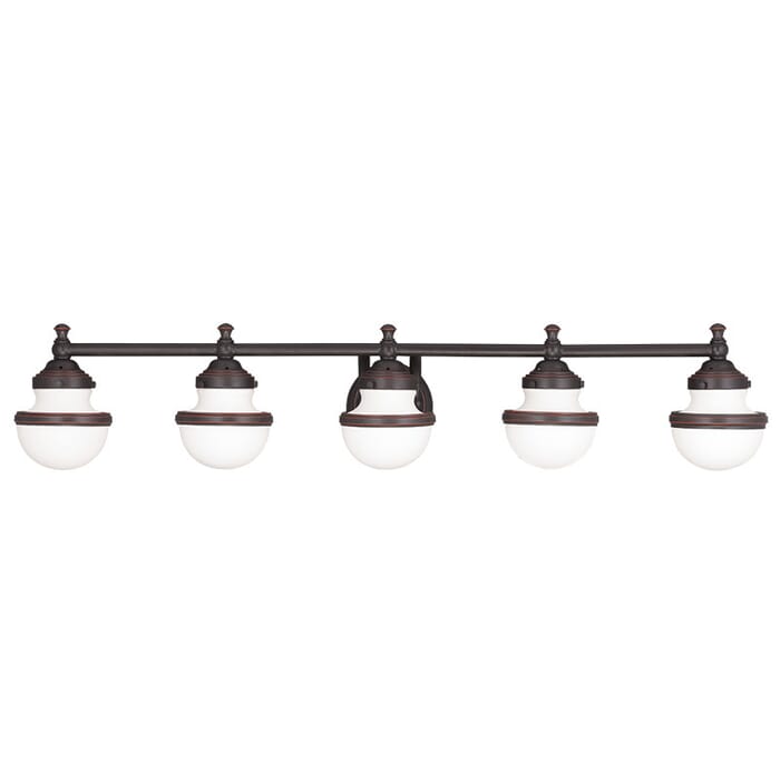 Oldwick 5-Light Bathroom Vanity Light in Hand Applied Olde Bronze Oldwick 5-Light Bathroom Vanity Light in Hand Applied Olde Bronze