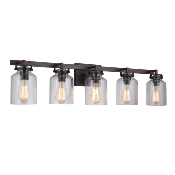 Craftmade Foxwood 5-Light Bathroom Vanity Light in Flat Black with Dark Teak Craftmade Foxwood 5-Light Bathroom Vanity Light in Flat Black with Dark Teak