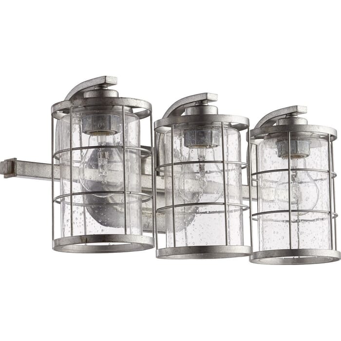 Quorum Ellis 3-Light Bathroom Vanity Light in Tumbled Steel Quorum Ellis 3-Light Bathroom Vanity Light in Tumbled Steel