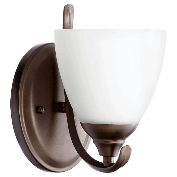 Quorum Powell 9" Wall Sconce in Oiled Bronze with Satin Opal Quorum Powell 9" Wall Sconce in Oiled Bronze with Satin Opal