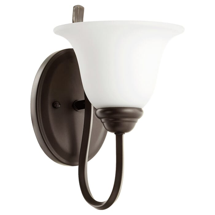 Quorum Spencer 12" Wall Sconce in Oiled Bronze with Satin Opal Quorum Spencer 12" Wall Sconce in Oiled Bronze with Satin Opal