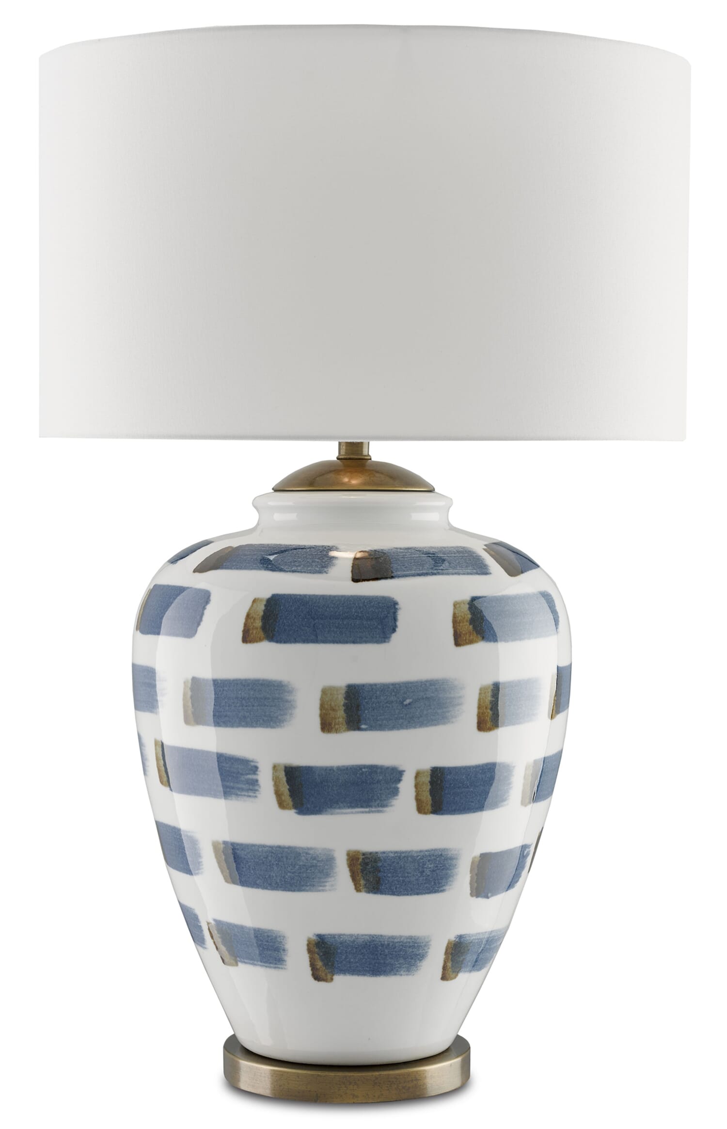 33" Brushstroke Table Lamp in White and Blue and Antique Brass