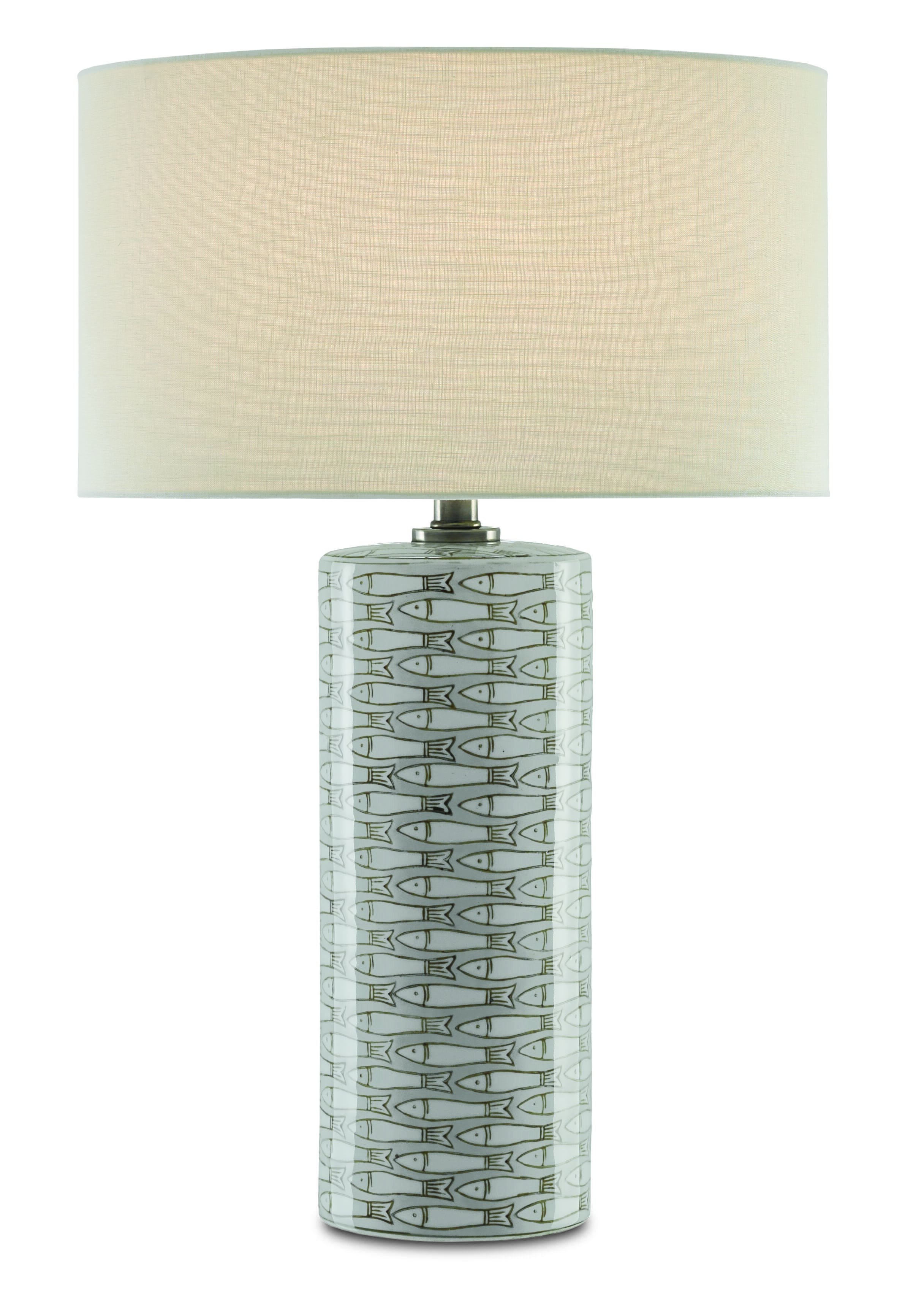 25" Fisch Large Table Lamp in Gray, White and Antique Nickel