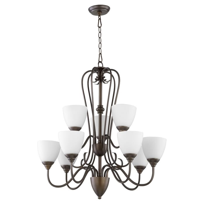 Quorum Powell 9-Light 32" Transitional Chandelier in Oiled Bronze with Satin Opal Quorum Powell 9-Light 32" Transitional Chandelier in Oiled Bronze with Satin Opal