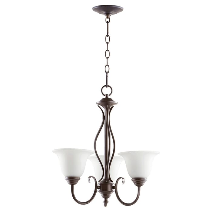 Quorum Spencer 3-Light 20" Transitional Chandelier in Oiled Bronze with Satin Opal Quorum Spencer 3-Light 20" Transitional Chandelier in Oiled Bronze with Satin Opal