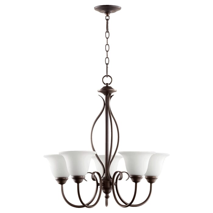 Quorum Spencer 5-Light 25" Transitional Chandelier in Oiled Bronze with Satin Opal Quorum Spencer 5-Light 25" Transitional Chandelier in Oiled Bronze with Satin Opal