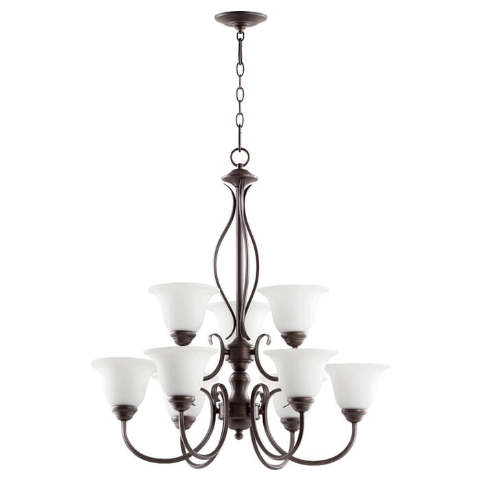 Quorum Spencer 9-Light 31" Transitional Chandelier in Oiled Bronze with Satin Opal Quorum Spencer 9-Light 31" Transitional Chandelier in Oiled Bronze with Satin Opal