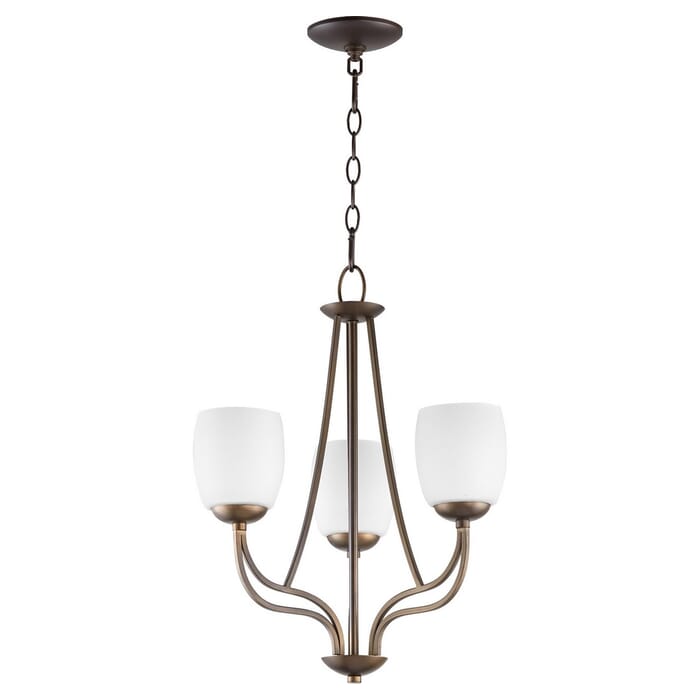 Quorum Willingham 3-Light 22" Transitional Chandelier in Oiled Bronze with Satin Opal Quorum Willingham 3-Light 22" Transitional Chandelier in Oiled Bronze with Satin Opal