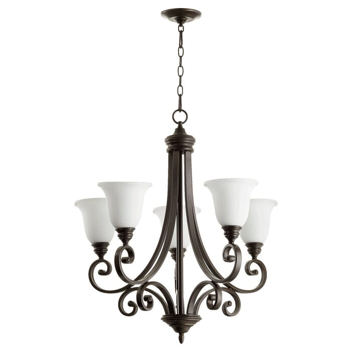 Quorum Bryant 5-Light 30" Transitional Chandelier in Oiled Bronze with Satin Opal Quorum Bryant 5-Light 30" Transitional Chandelier in Oiled Bronze with Satin Opal