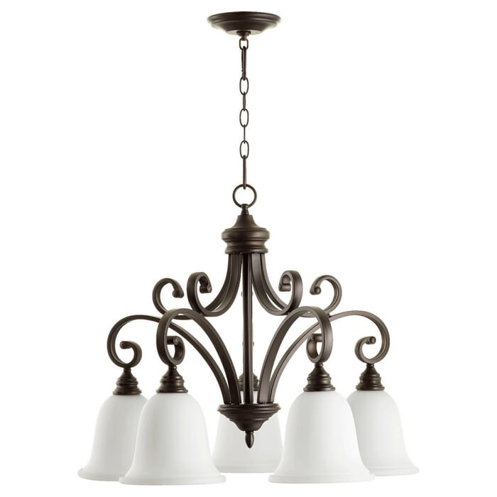 Quorum Bryant 5-Light 24" Dinette & Breakfast Chandelier in Oiled Bronze with Satin Opal Quorum Bryant 5-Light 24" Dinette & Breakfast Chandelier in Oiled Bronze with Satin Opal