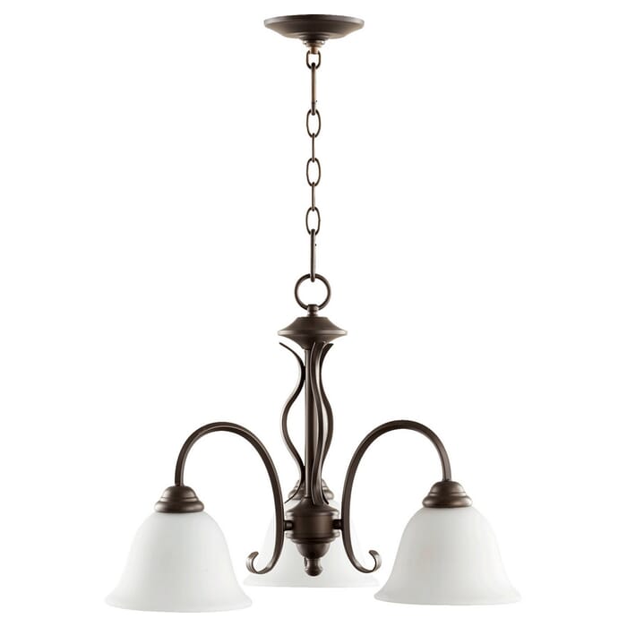 Quorum Spencer 3-Light 18" Dinette & Breakfast Chandelier in Oiled Bronze with Satin Opal Quorum Spencer 3-Light 18" Dinette & Breakfast Chandelier in Oiled Bronze with Satin Opal