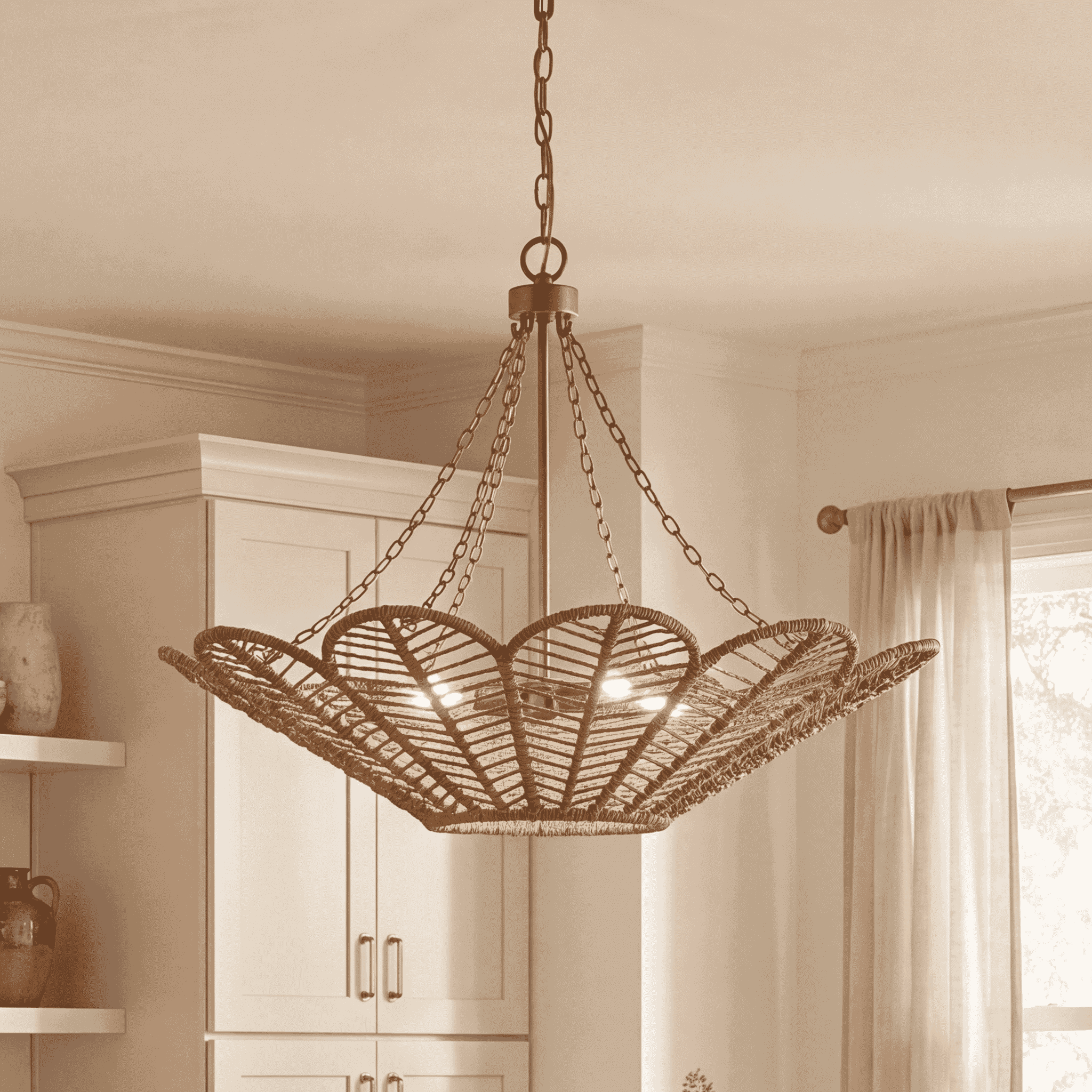 Cyperas 5-Light Pendant in Warm Brass and Rope