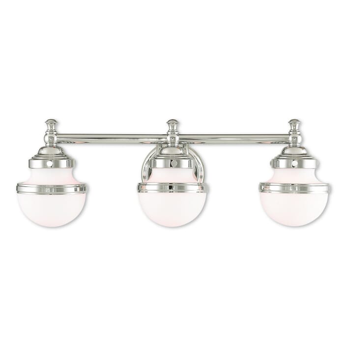 Oldwick 3-Light Bathroom Vanity Light in Polished Chrome Oldwick 3-Light Bathroom Vanity Light in Polished Chrome