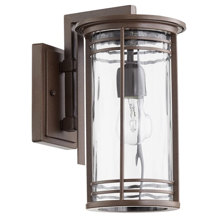 Quorum Larson 14" Outdoor Wall Light in Oiled Bronze with Clear Hammered Glass Quorum Larson 14" Outdoor Wall Light in Oiled Bronze with Clear Hammered Glass
