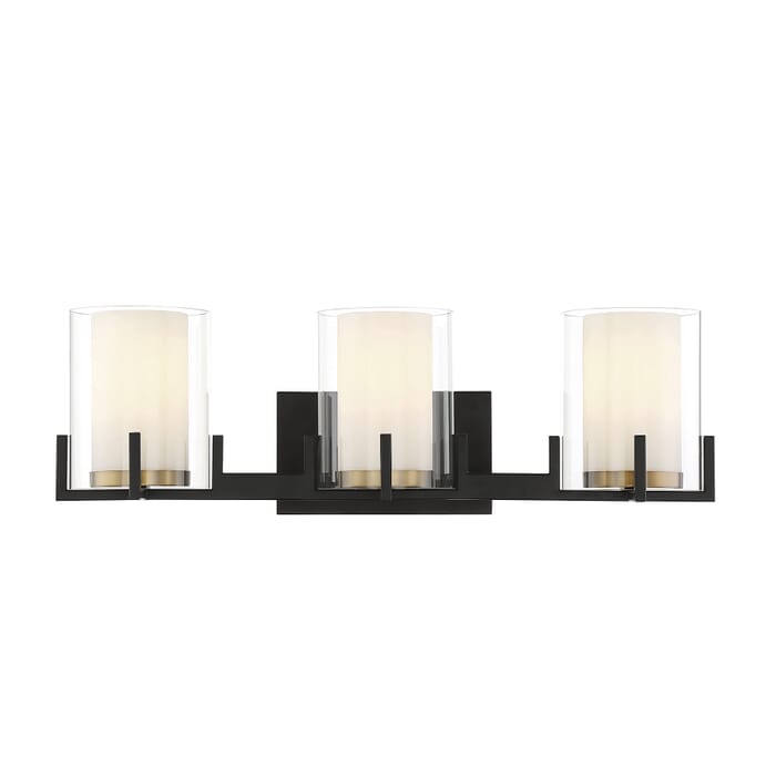 Savoy House Eaton 3-Light Bathroom Vanity Light in Matte Black with Warm Brass Accents Savoy House Eaton 3-Light Bathroom Vanity Light in Matte Black with Warm Brass Accents