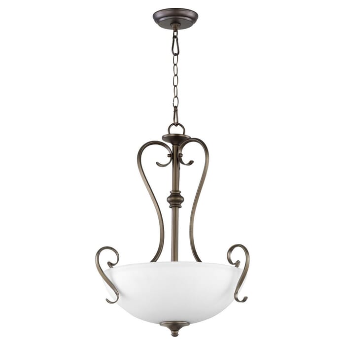 Quorum Powell 3-Light 19" Pendant Light in Oiled Bronze with Satin Opal Quorum Powell 3-Light 19" Pendant Light in Oiled Bronze with Satin Opal