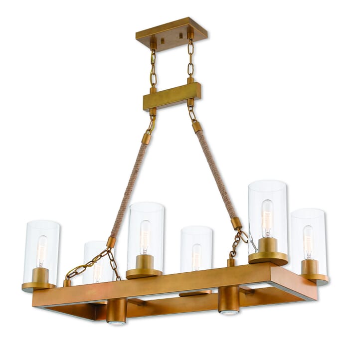Metuchen 6-Light Linear Chandelier in Aged Gold w with Rope Rods Metuchen 6-Light Linear Chandelier in Aged Gold w with Rope Rods