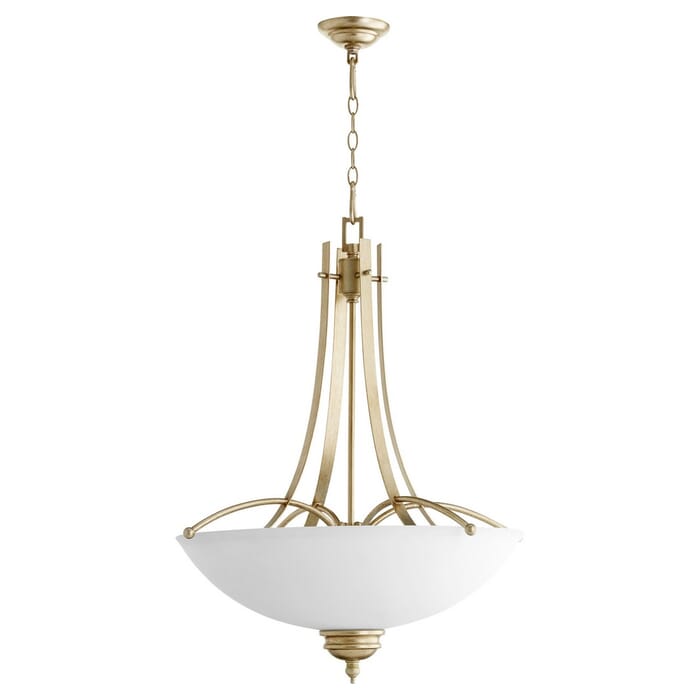 Quorum Aspen 5-Light 27" Pendant Light in Aged Silver Leaf with Satin Opal Quorum Aspen 5-Light 27" Pendant Light in Aged Silver Leaf with Satin Opal