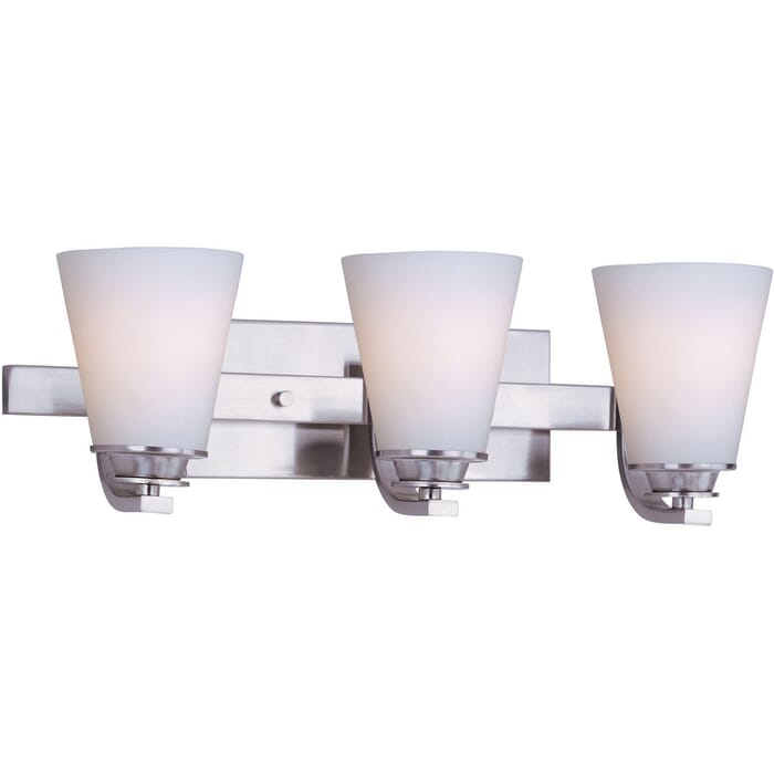 Maxim Conical 19" 3-Light Satin White Glass Bathroom Vanity Light in Satin Nickel Maxim Conical 19" 3-Light Satin White Glass Bathroom Vanity Light in Satin Nickel