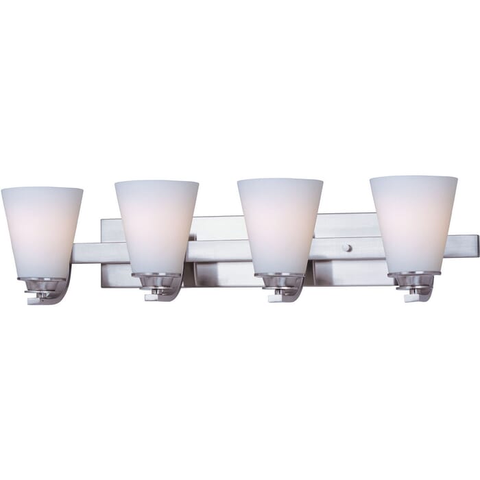 Maxim Conical 26.25" 4-Light Satin White Bathroom Vanity Light in Satin Nickel Maxim Conical 26.25" 4-Light Satin White Bathroom Vanity Light in Satin Nickel
