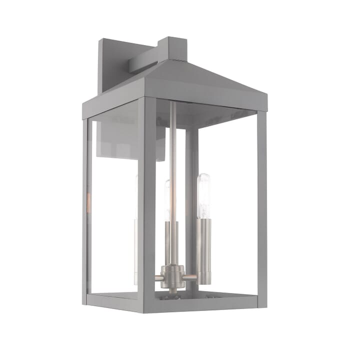 Nyack 3-Light Outdoor Wall Lantern in Nordic Gray w with Brushed Nickels Nyack 3-Light Outdoor Wall Lantern in Nordic Gray w with Brushed Nickels