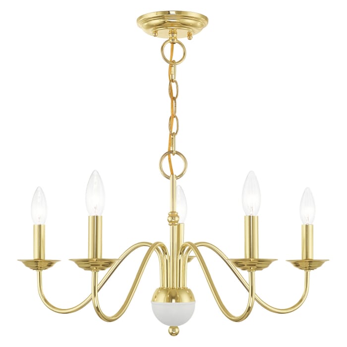 Windsor 5-Light Chandelier in Polished Brass w with White Windsor 5-Light Chandelier in Polished Brass w with White
