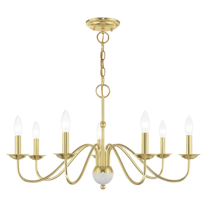 Windsor 7-Light Chandelier in Polished Brass w with White Windsor 7-Light Chandelier in Polished Brass w with White
