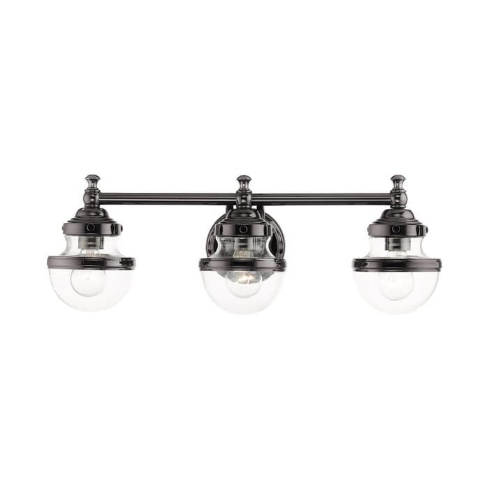 Oldwick 3-Light Bathroom Vanity Light in Polished Black Chrome Oldwick 3-Light Bathroom Vanity Light in Polished Black Chrome