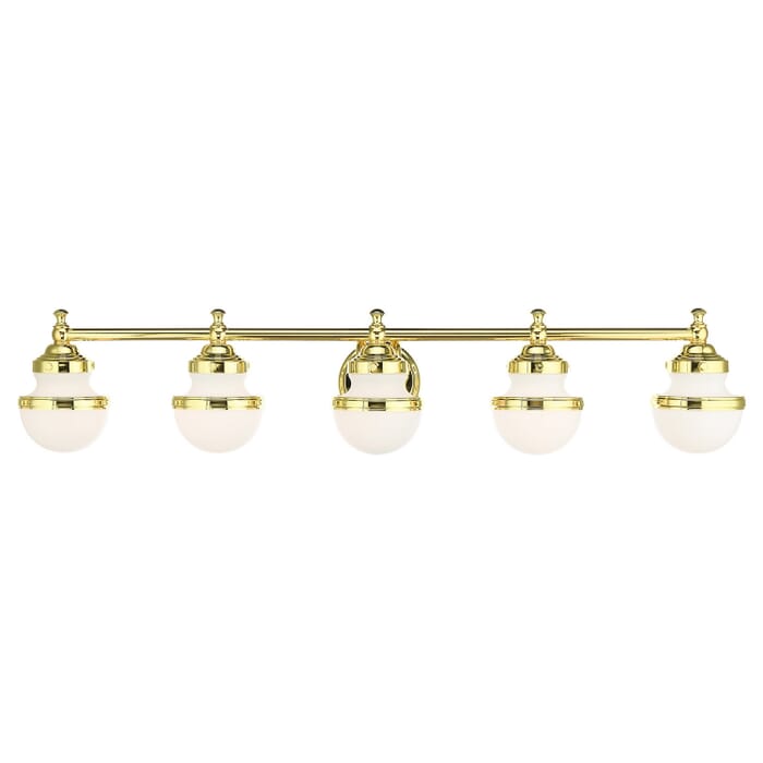 Oldwick 5-Light Bathroom Vanity Light in Polished Brass Oldwick 5-Light Bathroom Vanity Light in Polished Brass