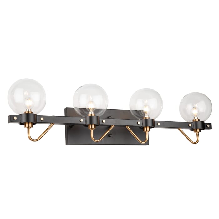 Artcraft Chelton 4-Light Bathroom Vanity Light in Matte Black & Harvest Brass Artcraft Chelton 4-Light Bathroom Vanity Light in Matte Black & Harvest Brass