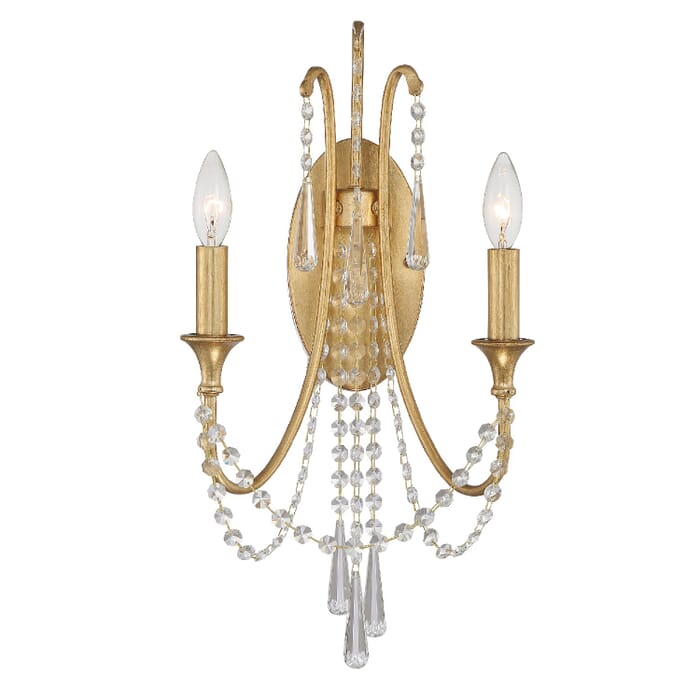 Crystorama Arcadia 2-Light Wall Sconce in Antique Gold with Hand Cut Crystal Crystals Crystorama Arcadia 2-Light Wall Sconce in Antique Gold with Hand Cut Crystal Crystals