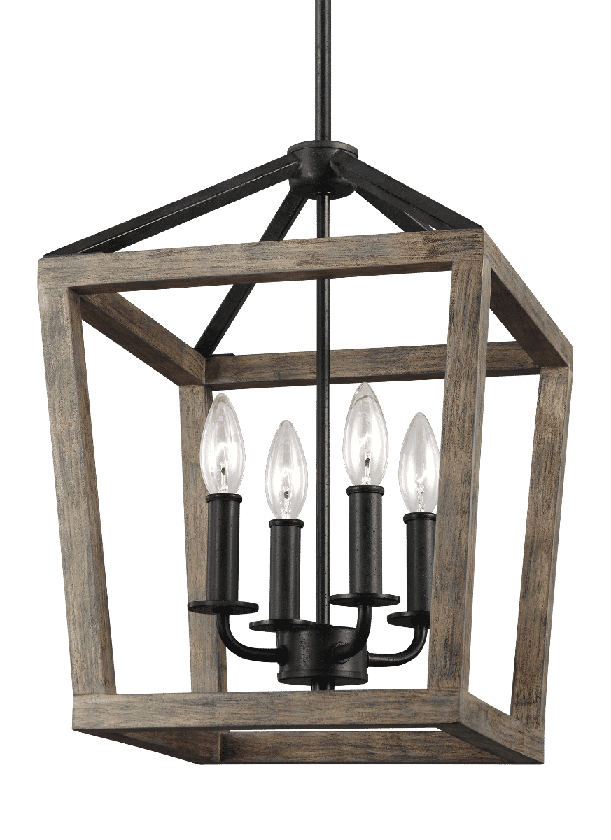 Generation Lighting Gannet 4-Light Chandelier in Weathered Oak Wood And Antique Forged Iron by Sean Lavin