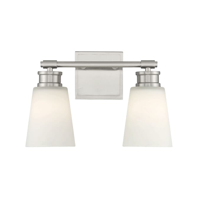 Meridian 2-Light Bathroom Vanity Light in Brushed Nickel Meridian 2-Light Bathroom Vanity Light in Brushed Nickel