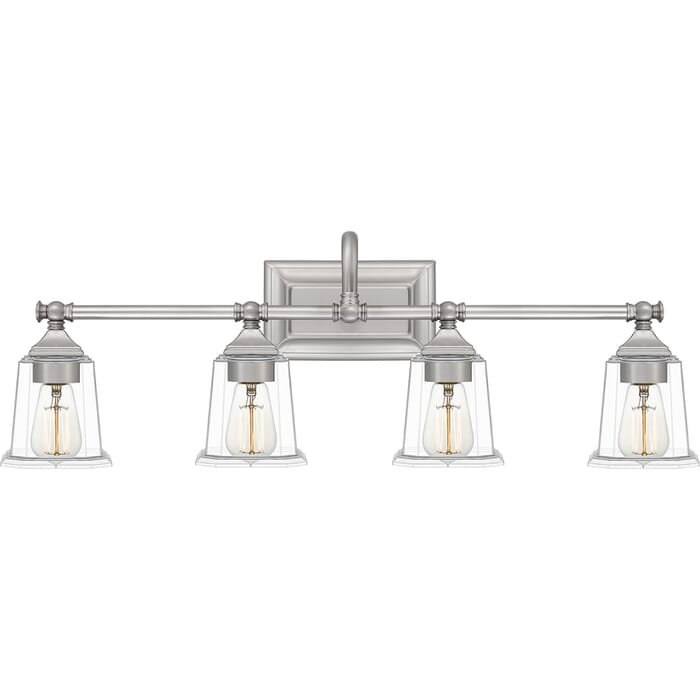 Quoizel Nicholas 4-Light Bathroom Vanity Light in Brushed Nickel Quoizel Nicholas 4-Light Bathroom Vanity Light in Brushed Nickel