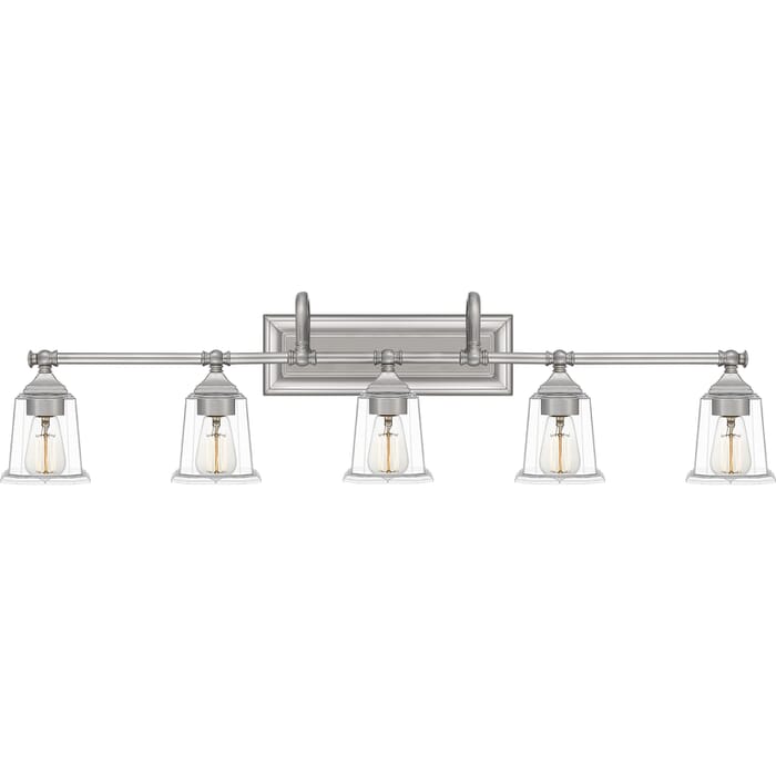 Quoizel Nicholas 5-Light Bathroom Vanity Light in Brushed Nickel Quoizel Nicholas 5-Light Bathroom Vanity Light in Brushed Nickel