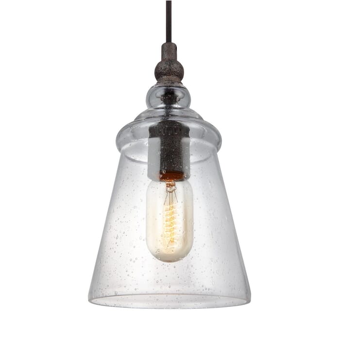 Feiss Loras 5.75" Clear Seeded Mini Pendant in Dark Weathered Iron Feiss Loras 5.75" Clear Seeded Mini Pendant in Dark Weathered Iron