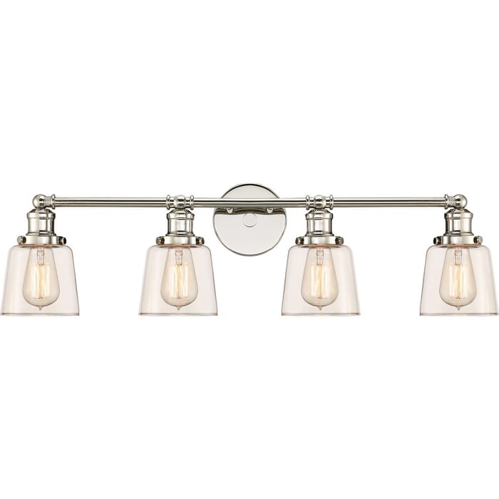 Quoizel Union 4-Light 9" Bathroom Vanity Light in Polished Nickel Quoizel Union 4-Light 9" Bathroom Vanity Light in Polished Nickel