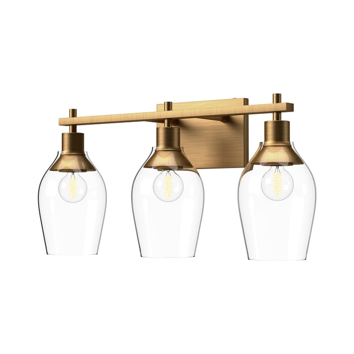 Kingsley 3-Light Bathroom Vanity Light in Aged Gold with Clear Glass Kingsley 3-Light Bathroom Vanity Light in Aged Gold with Clear Glass